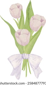 Watercolor vector  Tulip Bouquet with Silk Ribbon, Perfect for Spring Parties and Holiday Invitations birthday Wedding Celebrations greeting cards invitations baby showers Mother's Day
