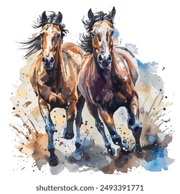 Watercolor vector of two muscular running horses, isolated on a white background, horses clipart