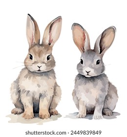 Aquarell-Vektorgrafik von zwei Kaninchen, auf einem weißen Hintergrund, Kaninchen-Vektorgrafik, Illustrationsgemälde, Grafik-Clipart.