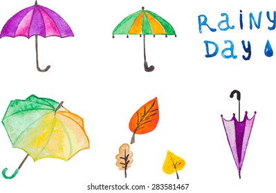 Watercolor vector umbrella set.