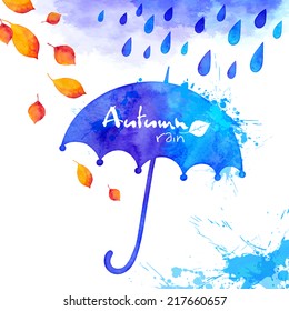 Watercolor vector umbrella under the rain and autumn leaves