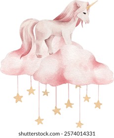 Watercolor vector unicorn and cloud. Cute illustration.