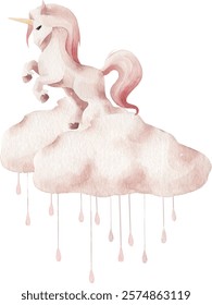 Watercolor vector unicorn and clouds. Clip art for party.