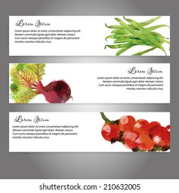 watercolor vector vegetables background. Banners with beet, green beans, cocktail tomatoes