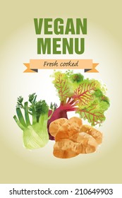 Watercolor vector vegetables background. Vegan menu 