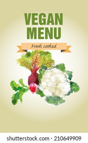 Watercolor vector vegetables background. Vegan menu 