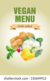 Watercolor vector vegetables background. Vegan menu 