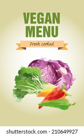 Watercolor vector vegetables background. Vegan menu 