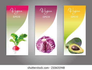 Watercolor vector vegetables banner with radish, red cabbage and avocado