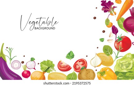 Watercolor vector vegetables frame with radicchio, arugula, asparagus, pepper, eggplant, tomato, lettuce, broccoli, radish, basil and parsley