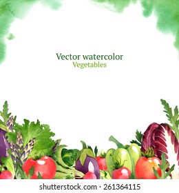 Watercolor vector vegetables frame with radicchio, arugula, asparagus, pepper, eggplant, tomato, lettuce, broccoli, radish, basil and parsley