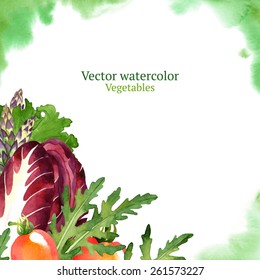 Watercolor vector vegetables frame with radicchio, lettuce, arugula, asparagus and tomato