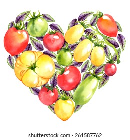 Watercolor vector vegetables heart shape with tomatoes and basil