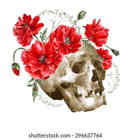 Watercolor Vector Vintage Card with Bouquet of Red Poppies and Skull on a White Background, Watercolor  Day of The Dead illustration