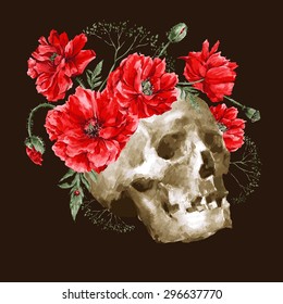 Watercolor Vector Vintage Card with Bouquet of Red Poppies and Skull on a Dark Background, Watercolor  Day of The Dead illustration