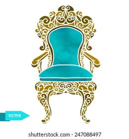 Watercolor vector vintage carved wooden furniture, chair, armchair, throne closeup isolated on a white background.  