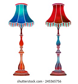 Watercolor vector vintage floor lamps set closeup isolated on a white background