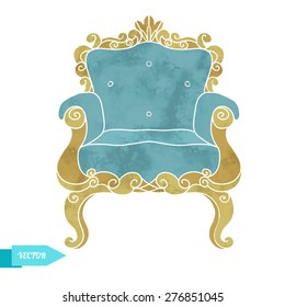Watercolor vector vintage furniture, armchair, throne front view closeup isolated on white background