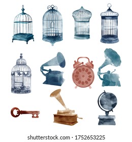 Watercolor vector vintage objects: alarm clock, gramophone, bird cage, globe
