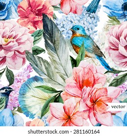 watercolor vector vintage pattern, peony flowers and feathers