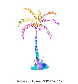 Watercolor Vector Vivid Multicolor Palm Tree Isolated Element