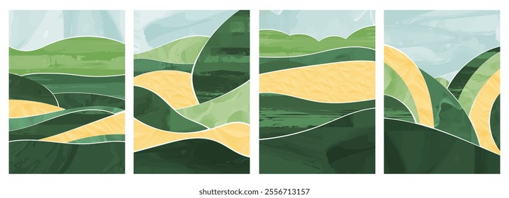 Watercolor vector wallpaper mountain, forest, sky, hills, trees, greenery. Aesthetic design captured spring, summer, outdoor adventure, travel vibes. PC background, graphic art, countryside scenery