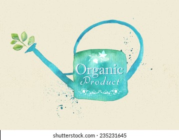 Watercolor vector watering can illustration with branches.Organic bio eco concept background design,  Each element is on separate layer.