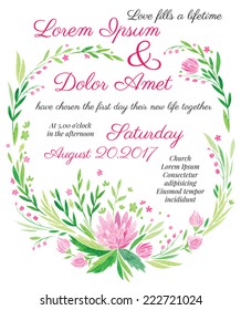 watercolor vector wedding invitation - big pink flower with leaves