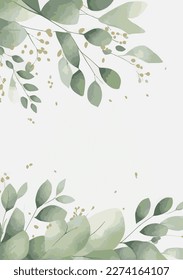 Watercolor vector wedding invitation card template design with green eucalyptus leaves.