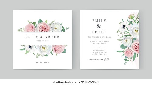 Watercolor vector wedding invite card set. Elegant floral editable template. British garden blush pink rose flowers, white anemone, lisanthus, green leaves, eucalyptus seeds decorative bouquet, border