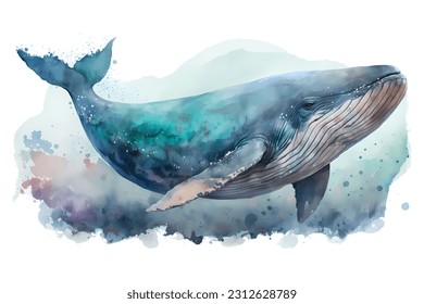 Watercolor vector whale isolated