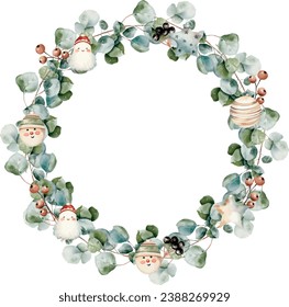 Aquarell, Vektorbeeren, Weihnachtsspielzeug, Eukalyptuskranz. Template space for text, message, sign for greeting cards, Einladung, Hochzeitskarte, Feier, Banner, Druck, Poster; Stimmungsdekor