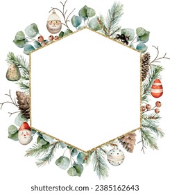 Watercolor vector winter geometric brilliant golden frame with borders made by spruce branches, eucalyptus, cones, winter berries, christmas toys. Banner. Hand drawn.Template space for text, message.
