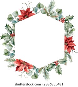 Watercolor vector winter geometric frame with Holly berries, poinsettia, cedar branches, eucalyptus. Greenery. Template for text, greeting cards, invitation, wedding card, celebration, banner, print.