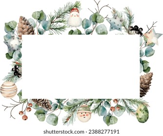 Watercolor vector winter horizontal brilliant silver frame with borders made spruce, fir, cedar branches, eucalyptus, pine cones, winter berries, christmas toys. Banner. Hand drawn.