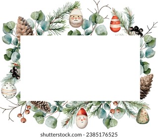 Watercolor vector winter horizontal frame with borders made spruce, fir, cedar branches, eucalyptus, pine cones, winter berries, christmas toys. Banner. Hand drawn.Template space for text, message.