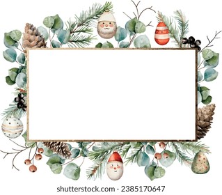 Watercolor vector winter horizontal golden  frame with borders made spruce, fir, cedar branches, eucalyptus, pine cones, winter berries, christmas toys. Banner. Hand drawn.Template space for text.