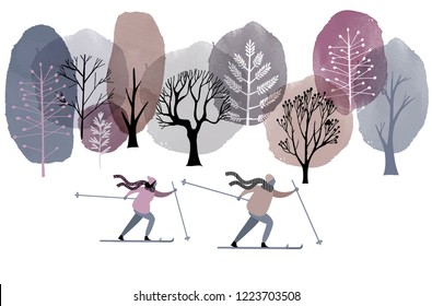 Watercolor Vector Winter Landscape