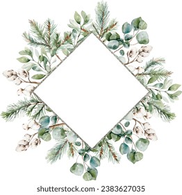 Watercolor vector winter silver frame in rhombus shape, botanical hand drawn, isolated on white background. Template space for text, message, sign for greeting cards, invitation, wedding card.