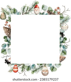 Watercolor vector winter square frame with borders made spruce, fir, cedar branches, eucalyptus, pine cones, winter berries, christmas toys. Banner. Hand drawn.Template space for text, message.