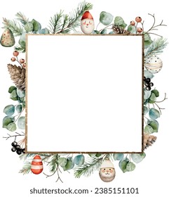 Watercolor vector winter square golden frame with borders made spruce, fir, cedar branches, eucalyptus, pine cones, winter berries, christmas toys. Banner. Hand drawn.Template space for text, message.