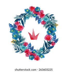 Watercolor vector wreath. Floral frame design with crown. Hand drawn vintage illustration.