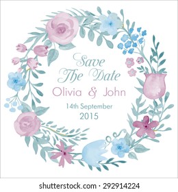 Watercolor vector wreath with flowers and leaves on white background. Wedding invitation template