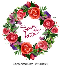 Watercolor vector wreath with flowers. Wedding or birthday card.