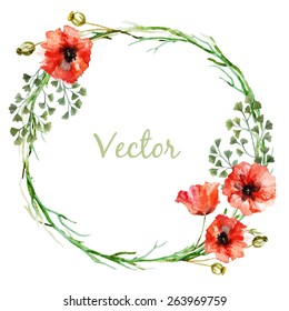 watercolor, vector, wreath, frame, flowers, invitation, branches, poppy