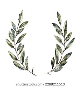 Watercolor vector wreath of olive branches without berries.