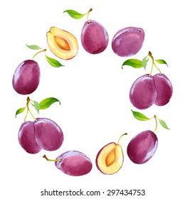 Watercolor vector wreath with plums