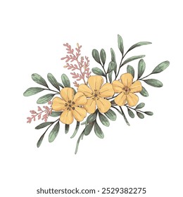 Watercolor vector yellow floral banner with silver dollar eucalyptus leaves and branches isolated on white background.