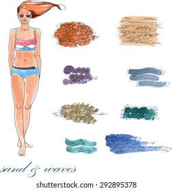watercolor vector young girl with set of sand and waves elements for summer travel design