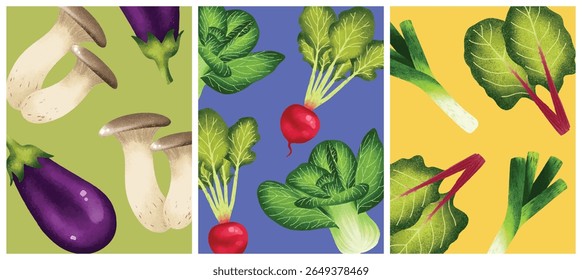 Watercolor vegetable panels with bold backgrounds. Perfect for food packaging, healthy menu design, kitchen wall art, organic branding, and farm-to-table product labels.